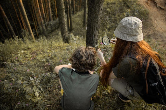 A group of teenagers are exploring a forest and using a magnifying glass to examine their surroundings.